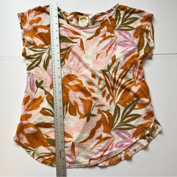 C&C California Blouse Floral 100% Linen Blouse Short Sleeve Asymmetrical Sz S - Picture 6 of 10